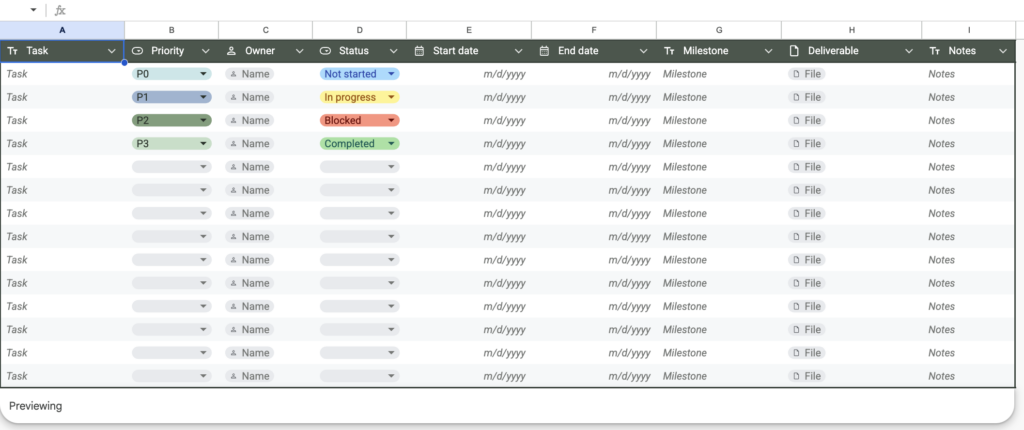 Google Sheets Table Template Project Management